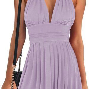 Women Mini Dress Polyester Sleeveless Deep V Backless Club Party Sexy